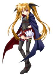  1girl belt blonde_hair buckle cape fate_testarossa gloves hair_ribbon katase_kai long_hair lyrical_nanoha mahou_shoujo_lyrical_nanoha ribbon skirt solo thigh-highs twintails white_background 