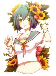  bare_shoulders collarbone flower light_smile mound_of_venus navel off_shoulder original rose sailor_collar short_hair short_sleeves smile solo sunflower uka_(color_noise) yellow_eyes 