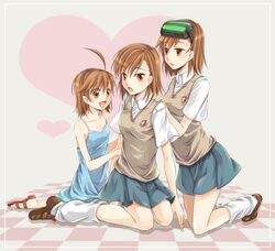  ahoge brown_hair dress head_mounted_display last_order loose_socks meso_(goma-meso) misaka_imouto misaka_mikoto polka_dot sandals school_uniform short_hair skirt socks sweater_vest to_aru_majutsu_no_index 