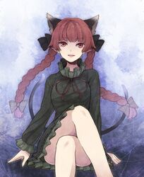  animal_ears bow braid cat_ears cat_tail crossed_legs hair_bow hair_ribbon kaenbyou_rin multiple_tails red_eyes redhead ribbon short_hair sitting tail touhou twin_braids twintails urin 