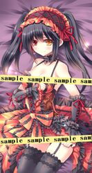  1girl black_hair blush bow breasts choker cleavage collarbone date_a_live frills garter_belt hairband heterochromia jie_yu lolita_fashion lolita_hairband red_eyes sample smile solo thigh-highs tokisaki_kurumi twintails yellow_eyes 
