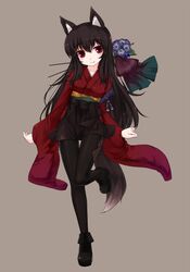  animal_ears brown_hair japanese_clothes kimono kt2 long_hair pantyhose red_eyes solo tail 