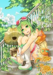  goggles goggles_on_head green_eyes green_hair gumi highres phonograph short_hair sitting skirt smile solo vocaloid 