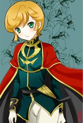  audrey_burne blonde_hair cape gloves green_eyes machinosuke mineva_lao_zabi short_hair smile 