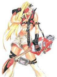  1girl :p bare_shoulders blonde_hair breasts cosplay covered_eyes cutoffs electric_guitar fingerless_gloves forehead_protector gloves guilty_gear guitar instrument ishiwatari_daisuke kneehighs long_hair marker_(medium) midriff millia_rage navel official_art open_fly shorts single_sleeve sol_badguy sol_badguy_(cosplay) solo tongue tongue_out traditional_media under_boob unzipped vest 