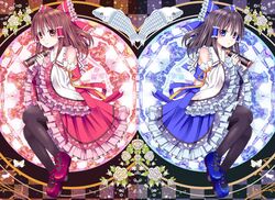  1girl black_hair bow brown_eyes brown_hair detached_sleeves hair_bow hair_tubes hakurei_reimu ikeda_yuuki japanese_clothes long_hair miko pantyhose solo touhou violet_eyes 