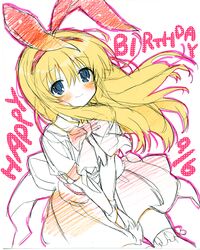  bad_id blonde_hair blue_eyes blush hairband happy_birthday highres long_hair midori_kouichi saki sketch skirt thigh-highs thighhighs zettai_ryouiki 