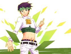  1boy allumette black_hair earrings green_eyes headband jewelry jojo_no_kimyou_na_bouken kishibe_rohan middle_finger midriff solo 