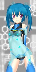 1girl arms_behind_back bare_shoulders blue_hair blush highres langley1000 navel see-through smile solo steel_chronicle thigh-highs twintails violet_eyes yun_rina 