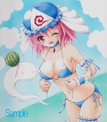  1girl bikini food fruit ghost hat munmu pink_hair red_eyes saigyouji_yuyuko sample short_hair swimsuit touhou traditional_media triangular_headpiece watermelon 
