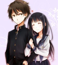  1girl arm_hug black_hair brown_hair chitanda_eru closed_eyes couple gakuran green_eyes hyouka long_hair oreki_houtarou school_uniform serafuku shimoku_reyu short_hair 