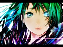  aqua_eyes aqua_hair face glowing glowing_eyes hatsune_miku keishi keisi letterboxed portrait solo vocaloid 