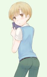  1boy ass blush book brown_eyes brown_hair chita from_behind looking_back male open_mouth original short_hair vest 