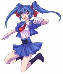  blue_eyes blue_hair gloves hair_ribbon jumping mio_sasuga necktie ribbon socks super_robot_wars super_robot_wars_the_lord_of_elemental twintails 