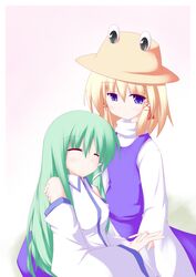  2girls ^_^ blonde_hair blue_eyes blush closed_eyes detached_sleeves green_hair hat holding_hands kochiya_sanae long_hair miyo_(miyomiyo01) moriya_suwako multiple_girls short_hair smile touhou 