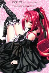 1girl absurdres black_legwear corticarte_apa_lagranges detached_sleeves dress highres kannatsuki_noboru legs lolita_fashion ponytail red_eyes redhead scan shinkyoku_soukai_polyphonica tagme thigh-highs 