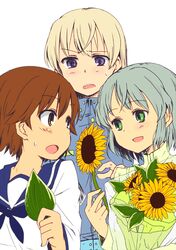  blonde_hair brown_eyes brown_hair character_request eila_ilmatar_juutilainen flower green_eyes itsuki_kuro leaf miyafuji_yoshika multiple_girls nervous purple_eyes sanya_v_litvyak school_uniform serafuku short_hair silver_hair strike_witches sunflower sweatdrop 