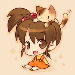  brown_eyes brown_hair cat cat_on_head chibi ech kyon_no_imouto shamisen_(suzumiya_haruhi) short_hair side_ponytail suzumiya_haruhi_no_yuuutsu 