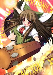 azure_(capriccio) bow brown_hair hair_bow long_hair radiation_symbol red_eyes reiuji_utsuho solo touhou weapon wings 