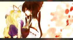  2girls blonde_hair bow brown_hair chonsuke detached_sleeves elbow_gloves gloves hair_bow hakurei_reimu hat long_hair multiple_girls red_eyes touhou yakumo_yukari yuri 