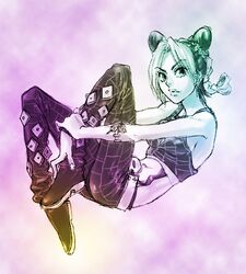  1girl braid double_bun gradient jojo_no_kimyou_na_bouken kuujou_jolyne midriff monochrome rainbow sen_(pixiv111638) solo 