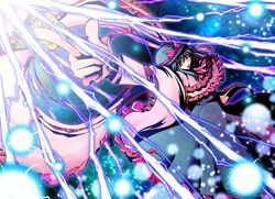  blue_hair danmaku electricity hat nagae_iku narumi_yuzurai red_eyes saturday_night_fever scarlet_weather_rhapsody shawl short_hair solo touhou 