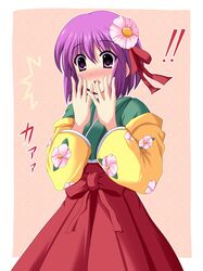  cross_(crossryou) flower hair_flower hair_ornament hieda_no_akyuu highres japanese_clothes purple_eyes purple_hair short_hair touhou violet_eyes 