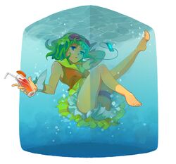  blue_eyes bubble digital_media_player drink goggles goggles_on_head green_eyes gumi leg_garter legs ooomi short_hair skirt solo underwater vocaloid water wet wet_clothes wrist_cuffs 