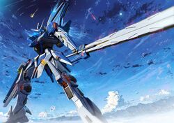  clouds gun gundam gundam_seed gundam_seed_a-star mecha mobile_suit_gundam moon original sky starlight_(stack) sword tsx-02r_garland weapon 