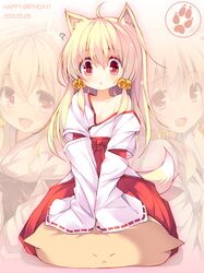  1girl ? ahoge animal_ears bell birthday blonde_hair blush cat chiri_(atlanta) collarbone dated detached_sleeves fox_ears fox_tail highres japanese_clothes jingle_bell long_hair off_shoulder open_mouth original projected_inset red_eyes solo tail v_arms wide_sleeves 