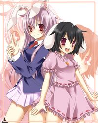 animal_ears black_hair blazer bunny_ears etou_(cherry7) inaba_tewi jewelry long_hair multiple_girls necktie pendant pink_hair pleated_skirt purple_hair rabbit_ears red_eyes reisen_udongein_inaba skirt thighhighs touhou zoom_layer 
