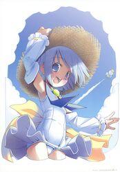  blue_eyes blue_hair detached_sleeves hat highres moetan one-piece_swimsuit pastel_ink pop school_swimsuit short_hair straw_hat swimsuit swimsuit_costume white_school_swimsuit 