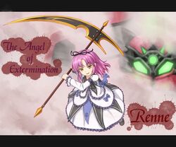  1girl bow character_name dress eiyuu_densetsu falcom frills okuribi_masaru purple_hair renne ribbon scythe short_hair smile solo sora_no_kiseki yellow_eyes 