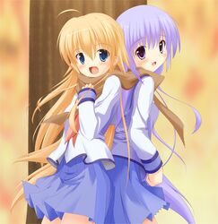  angel_beats! aqwiz back-to-back blonde_hair blue_eyes irie_(angel_beats!) long_hair multiple_girls purple_eyes purple_hair scarf school_uniform sekine serafuku shared_scarf violet_eyes 