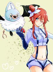  blush fuko fuuro_(pokemon) gloves gym_leader hair_ornament hearts midriff navel poke_ball pokemon pokemon_(game) pokemon_black_and_white pokemon_bw red_hair redhead short_shorts shorts suspenders swoobat wink 