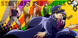  5boys danemaru dog grey_hair hat iggy_(jojo) jean_pierre_polnareff jojo_no_kimyou_na_bouken joseph_joestar kakyouin_noriaki kuujou_joutarou long_coat mohammed_avdol multiple_boys official_style redhead 