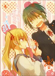  bad_id bandages blonde_hair brown_eyes fang green_hair hozuno naoi_ayato school_uniform serafuku short_hair translation_request twintails yellow_eyes yusa yusa_(angel_beats!) 