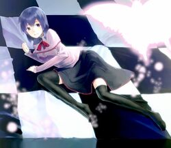  black_legwear black_thighhighs butterfly checkered checkered_floor ichiko_oharu long_sleeves looking_at_viewer nagae_iku no_hat no_headwear oharu_(koigusuri) on_side purple_hair short_hair skirt smile solo thigh-highs thighhighs touhou 
