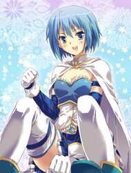  1girl arm_warmers armband blue_eyes blue_hair cape detached_sleeves gloves looking_at_viewer magical_girl mahou_shoujo_madoka_magica mikecha miki_sayaka short_hair skirt smile solo thigh-highs white_legwear zettai_ryouiki 
