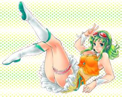  boots garters goggles goggles_on_head green_hair gumi headphones panties skirt underwear vocaloid 