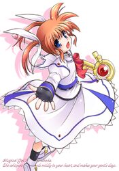  brown_hair fingerless_gloves gloves hair_ribbon mahou_shoujo_lyrical_nanoha payot raising_heart reaching ribbon sumeragi_kou takamachi_nanoha twintails 