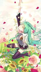  amputee android aqua_hair bad_id flower green_eyes hatsune_miku heart hello_planet_(vocaloid) highres long_hair necktie skirt takekono tears thigh-highs thighhighs twintails very_long_hair vocaloid zettai_ryouiki 