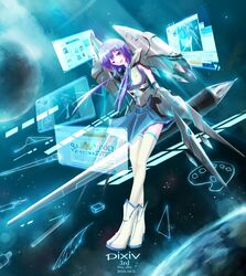  boots highres open_mouth pixiv pixiv-tan planet purple_eyes purple_hair short_hair solo space star stu_dts violet_eyes wings 