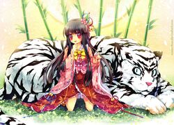  bamboo_forest brown_hair forest hair_ornament houraisan_kaguya kneeling long_hair namie-kun nature red_eyes solo tiger touhou white_tiger 