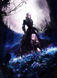  armor armored_dress dark_excalibur dark_sakura dated dress facial_mark fate/stay_night fate_(series) flower gauntlets hair_ribbon highres matou_sakura moon multiple_girls planted_sword planted_weapon ribbon saber saber_alter signature sitting sky solo stu_dts sword weapon white_hair yellow_eyes 