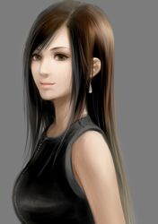  black_hair brown_eyes bust earrings final_fantasy final_fantasy_vii final_fantasy_vii_advent_children highres jewelry long_hair simple_background smile solo tifa_lockhart 