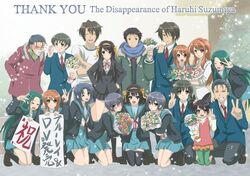  asahina_mikuru_(adult) asahina_mikuru_(big) asakura_ryouko blush bouquet brown_hair dual_persona everyone face_mask fang flower glasses headband height_difference highres koizumi_itsuki kunikida kyon kyon_no_imouto multiple_persona nagato_yuki okiron scarf surgical_mask suzumiya_haruhi suzumiya_haruhi_no_shoushitsu suzumiya_haruhi_no_yuuutsu taniguchi thighhighs translated translation_request tsuruya 