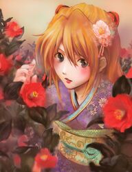  blue_eyes blush camellia_(flower) flower hair_flower hair_ornament japanese_clothes kimono lipstick makeup nail_polish neon_genesis_evangelion obi orange_hair shikamai shikinami_asuka_langley solo souryuu_asuka_langley 