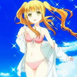  azuki_azusa blonde_hair clouds green_eyes hentai_ouji_to_warawanai_neko highres long_hair screencap sky sparkle swimsuit twintails 