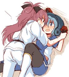  2girls baseball_uniform blue_eyes blue_hair blush bow breath dougi gloves grin hair_bow helmet long_hair mahou_shoujo_madoka_magica miki_sayaka multiple_girls open_mouth ponytail red_eyes redhead sakura_kyouko short_hair smile sportswear wrist_grab yasuio yuri 